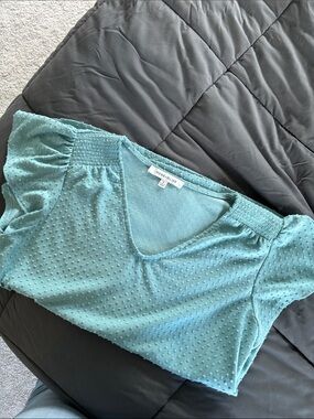 Rose & Olive Teal Textured V-Neck Blouse
